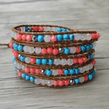 

Pink coral beads bracelet blue beads wrap bracelet hematite beads bracelet yoga leater wrap jewelry bohemian