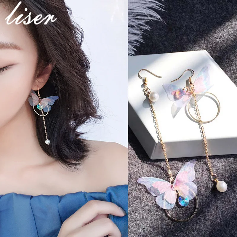 

2019 Korea retro asymmetrical exquisite butterfly imitation pearl alloy long wings earrings for women's best gift Wholesale