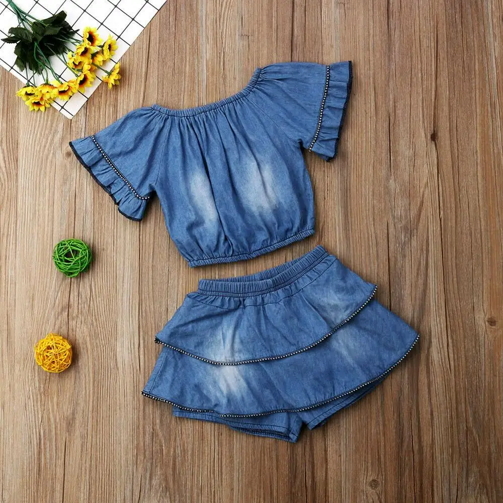 2 шт малыша Одежда для детей; малышей; девочек Джинсовая летняя одежда синий с открытыми плечами Flare рукавом Многослойные шорты комплект