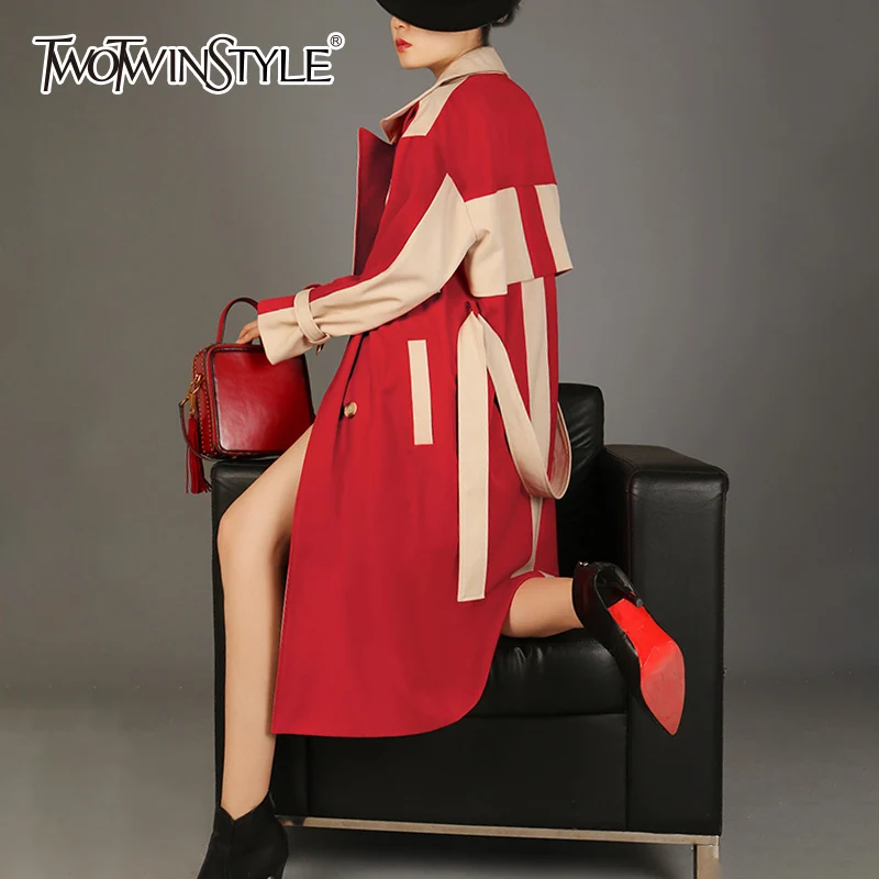 Longues Automne Femelle Lacent Twotwinstyle Décontractés Couleur Hit Nouveau Red Femmes Vêtements Coupe vent 2018 Manteau À Mode Manches Des Coat Patchwork Tranchée LzVjpGqSMU