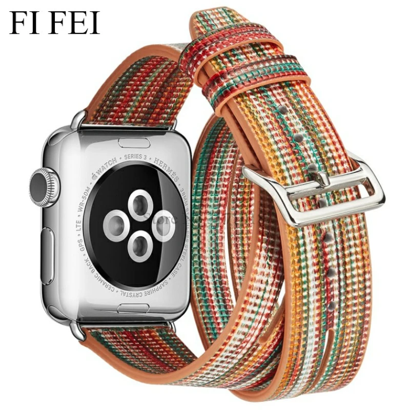 

FI FEI For Apple Watch Series 1 2 3 38mm 42mm Multicolor Genuine Leather Band Double Tour Bracelet Strap Replacement Watchband