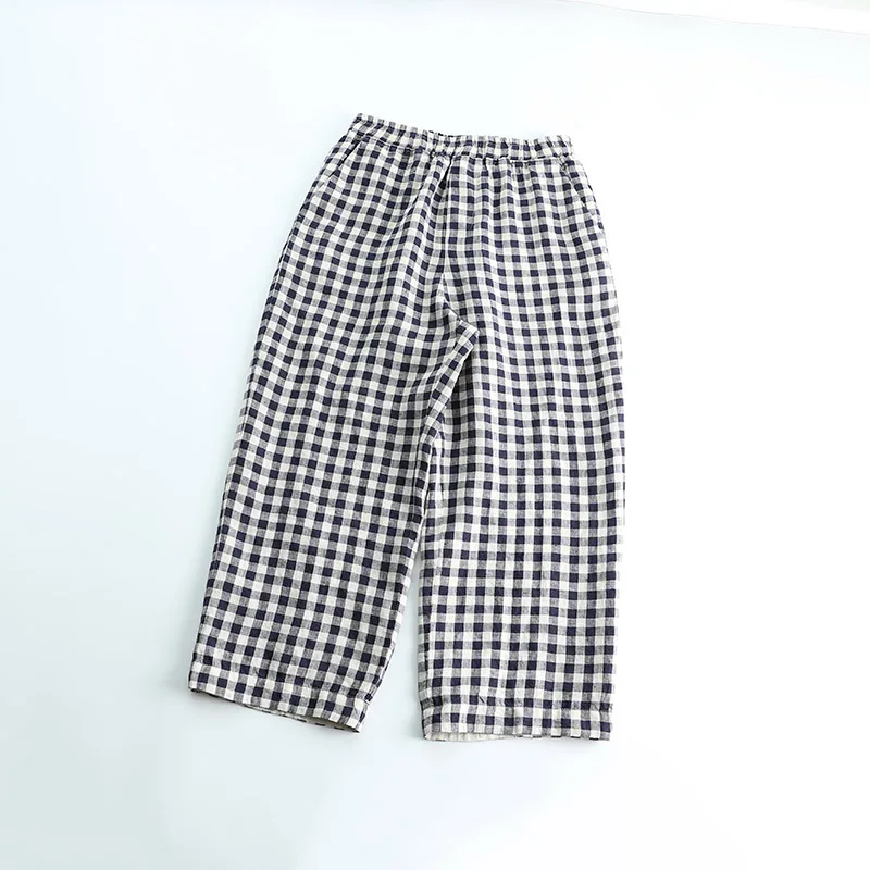 

Summer Women Japanese Style Loose All-match Comfortable Casual Plaid Wide Leg Pants Elastic Waist Trousers