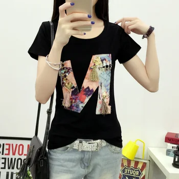 

2017 Spring Summer Fashion Tassel Beads Letter T-shirt Printing Women Cotton Tops Tees Big Size O-neck Short Sleeve T Shirts