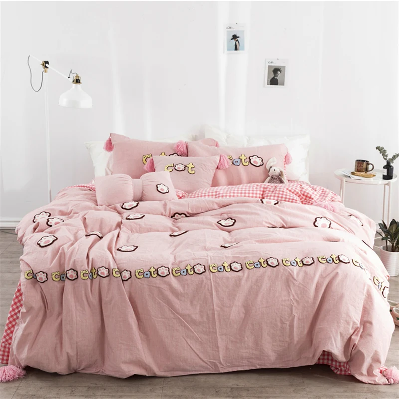 

Luxury Washed Cotton Cartoon Cat footprints Bedding Set Duvet Cover Bed Sheet Pillowcases crib/Twin/Queen/King size 3/4/6/7pcs