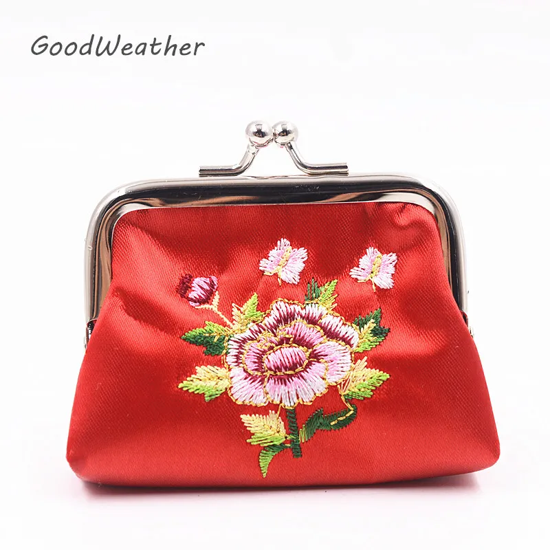 Handmade embroidery coin purse designer Chinese style floral coin bags red silk wallet for women ...