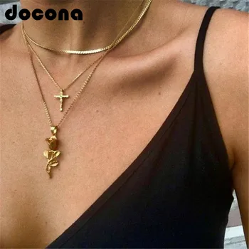 

docona Vintage Gold Color Cross Rose Flower Pendant Necklaces for Women Girl Floral Layered Necklace Bohemia Jewelry 4418