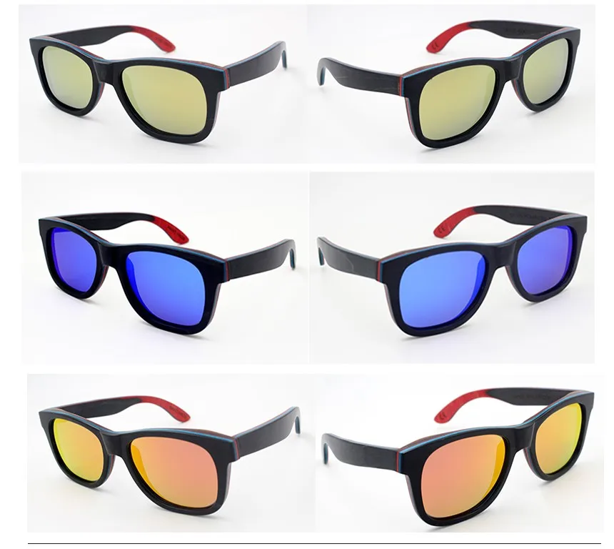Оптовая продажа Скейтборд Дерево Солнцезащитные очки Поляризованные Вождения Солнцезащитные очки с весной шарнир зеркало оттенки 16 Цвета