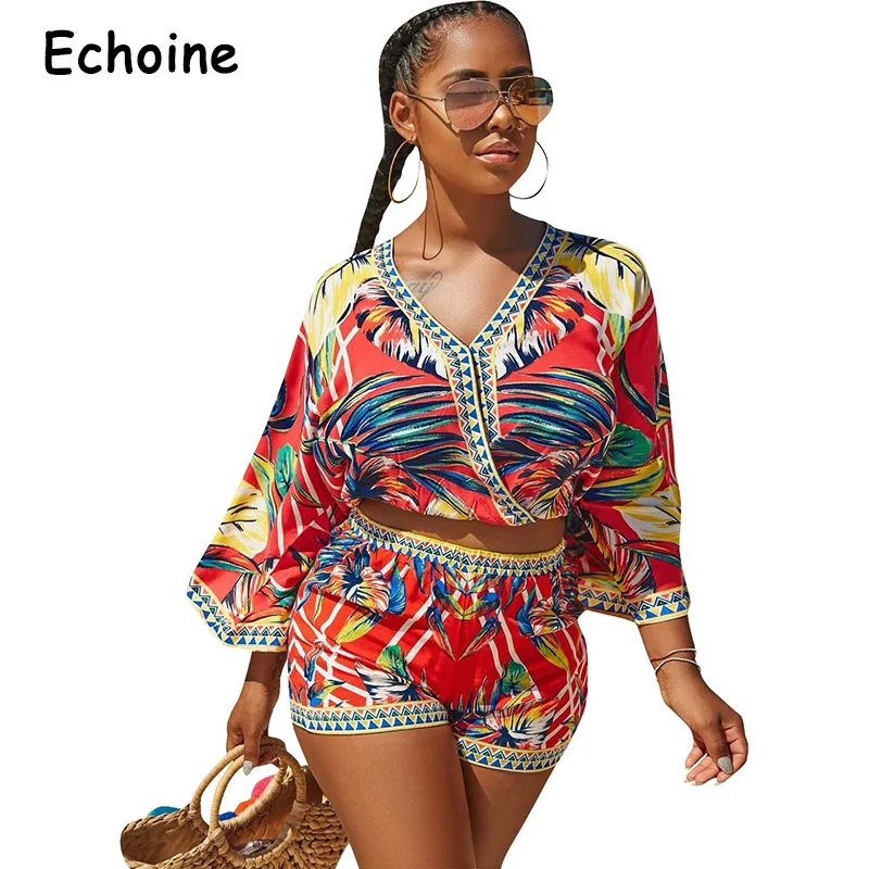 Echoine Для женщин Двойка комплект Цветочный принт с v-образным вырезом женское, с коротким рукавом Топы + Короткие Штаны Boho Стиль Модные