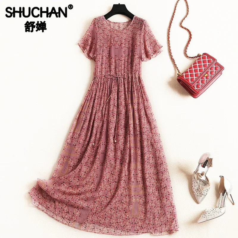 

Shuchan Narural Silk Summer Short Sleeve Midi Dress To Mid-Calf O-Neck Print Elegant Women Dress Korean High Quality 11800