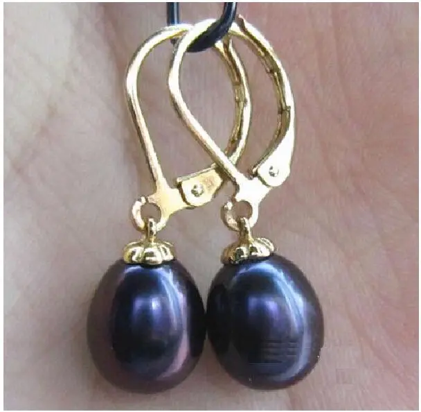 

hot AAA+ 10x9mm NATURAL South Sea black Pearl 14 Gold Earrings r