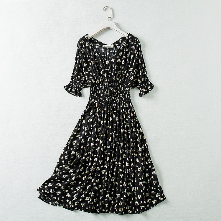 

2019 summer floral V-neck long dress new style temperament elegant slim waist
