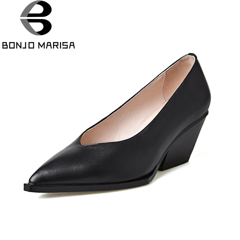 

BONJOMARISA 2018 genuine leather chunky high heels slip on women shoes Woman black pointed toe woman pumps size 34-39