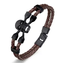 

2018 New Fashion Punk Leather Bracelet High Quality Bangle Double Skull Charm Bracelet Men Women Woven Rope Clasp Jewelry