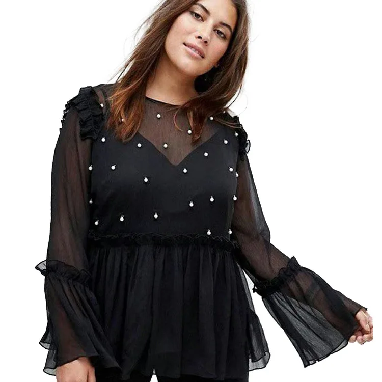 

2019 summer new women's shirt round neck loose fashion beaded ruffled trumpet sleeve chiffon blouse