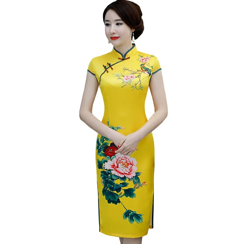 

2019 new womens satin silk casual vintage print cheongsam buckle loose silk satin qipao dress women qipao