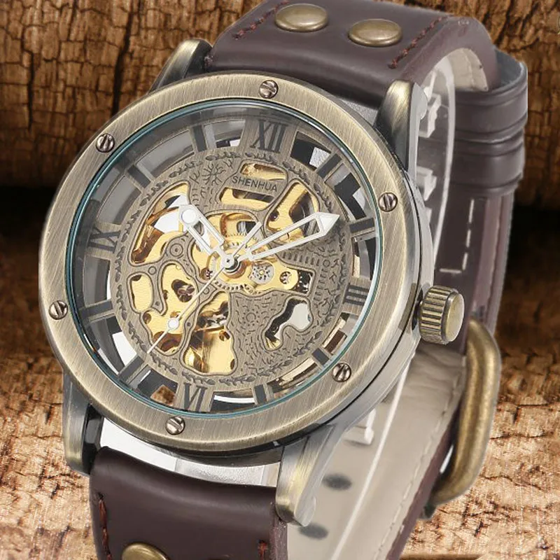 

Bronze Top Brand Mens Mechanical Automatic Watch Skeleton Roman Numbers Analog Leather Band Wrist Watch Best Xmas Gift