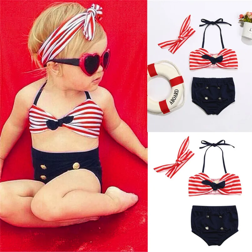 

3Pcs Baby Girl Swimwear Infant Kids Baby Girls Straps Bow Tops+Button Shorts+Headband Swimwear Beach Swimsuit Bathing Set M8Y17