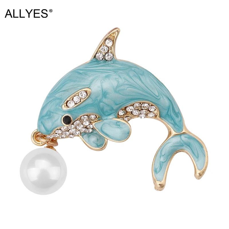 

ALLYES Dolphin Brooches Women Weeding Party Clothes Lapel Pin Crystal Pearl Blue Color Enamel Animal Brooch Female Jewelry