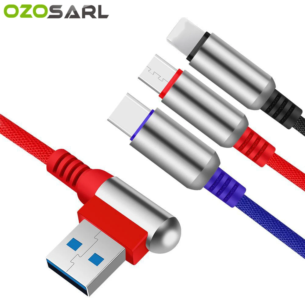 

3 in 1 USB Cable Aluminum Alloy 90 Degree Micro USB Type C Cable for Huawei Xiaomi Redmi Samsung USB Cable for iPhone XR XS MAX