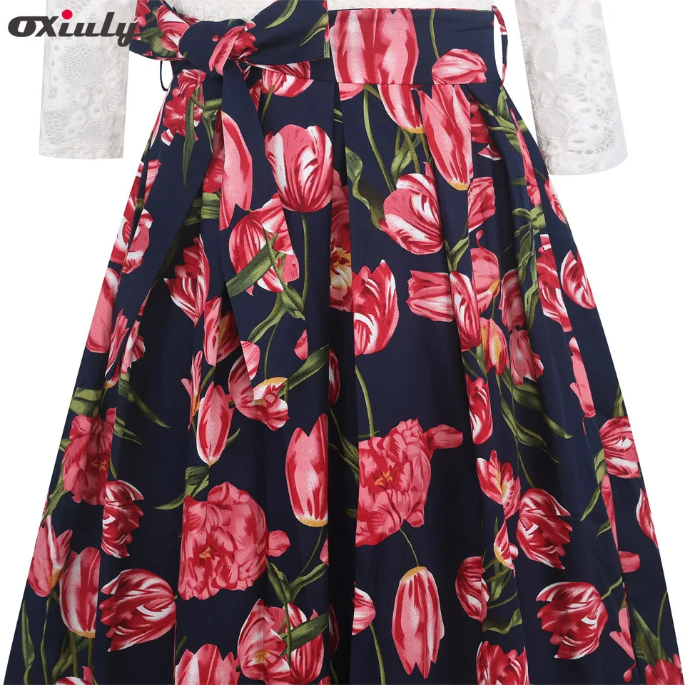 Oxiuly Цветочный принт кружевное элегантное платье пэчворк Vestidos 3/4 для девочек