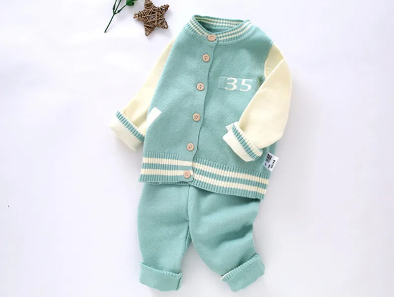 

2pcs Baby Boy Girl Set Children Wool Knitted Baseball Style Sweater Coat and Pants Infant Newborn Warm Pullover Jacket kids Sets