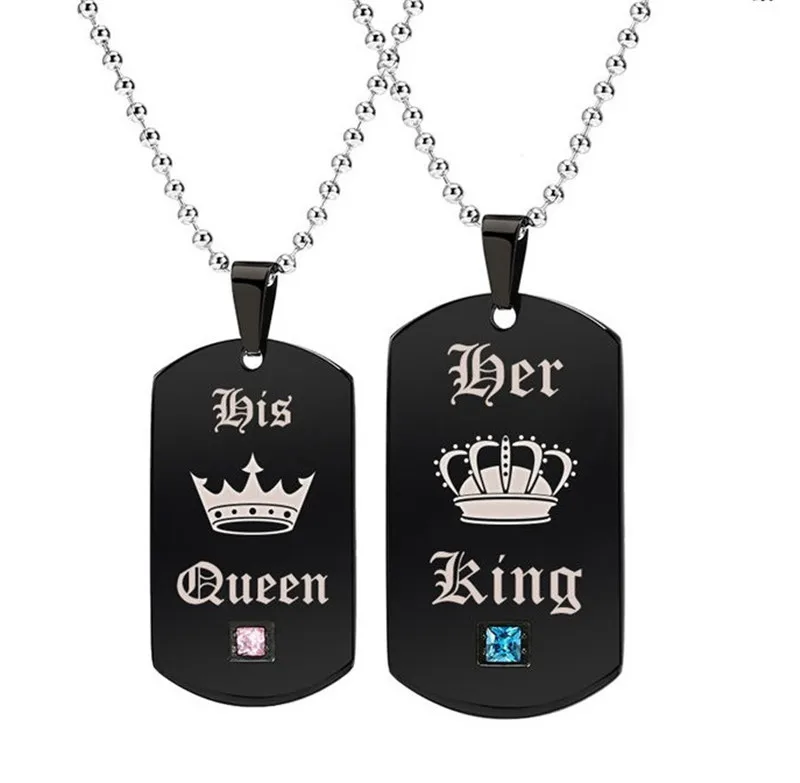 Black Necklaces & Pendants Her King And His Queen Couple Necklace Stainless Steel Pink Blue Crystal Couple Bracelet Necklace Set