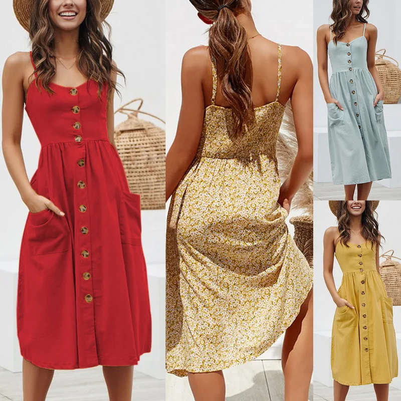 

2019 Women Fashion Lepord Printed Sundress Sexy Sleeveless Button Midi Dress Women Solid Beach Dresses With Pockets Vestidos