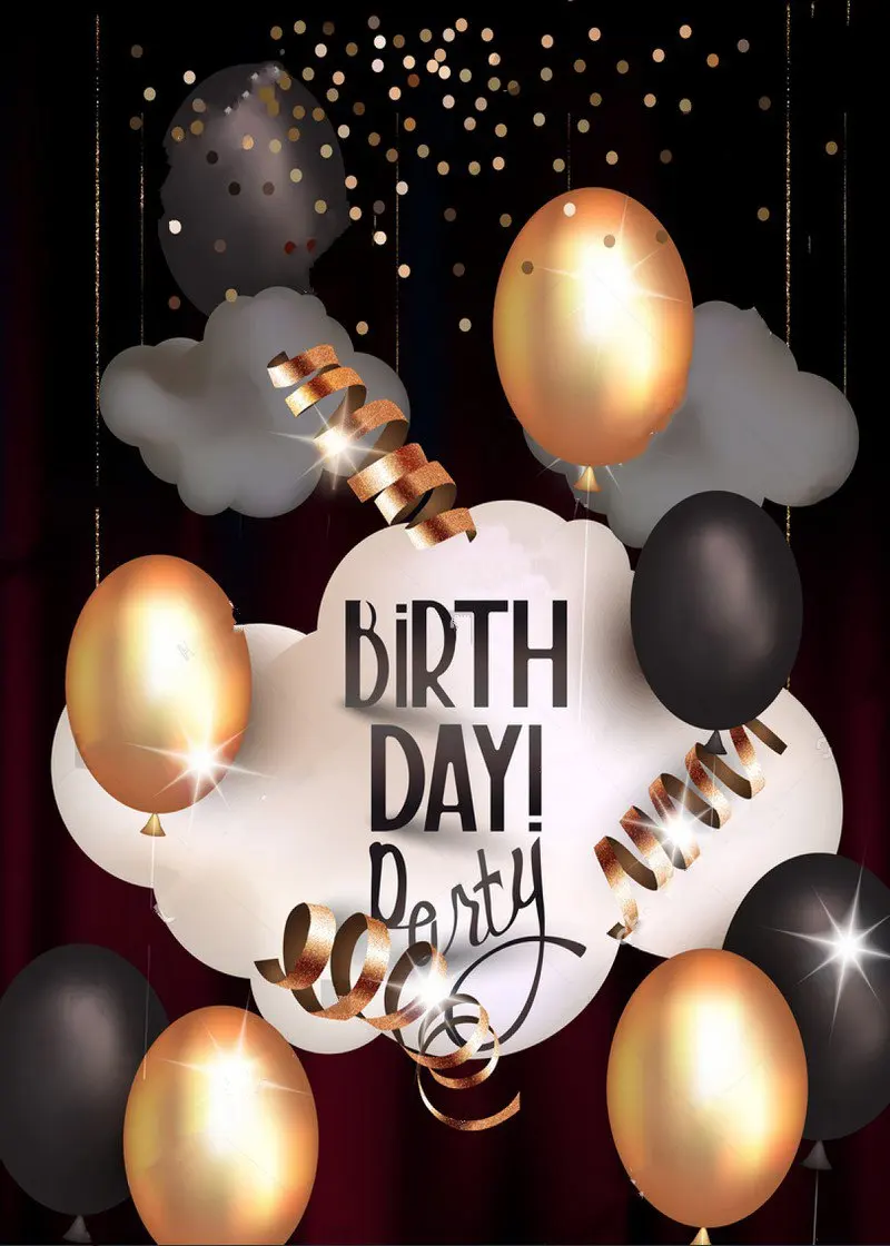 

Birthday party clouds textured gold sparkly serpentine balloons red curtains background Vinyl cloth Computer print backdrop