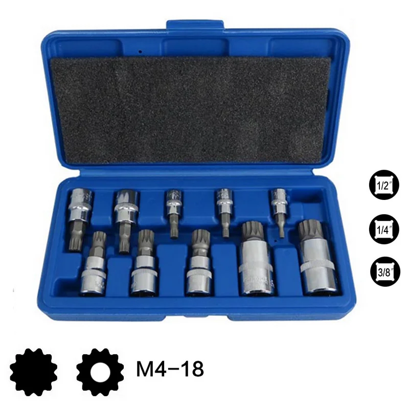 10Pcs 1/4" 3/8" 1/2" Socket Wrench Set Torx Spline Screwdriver 12 Point