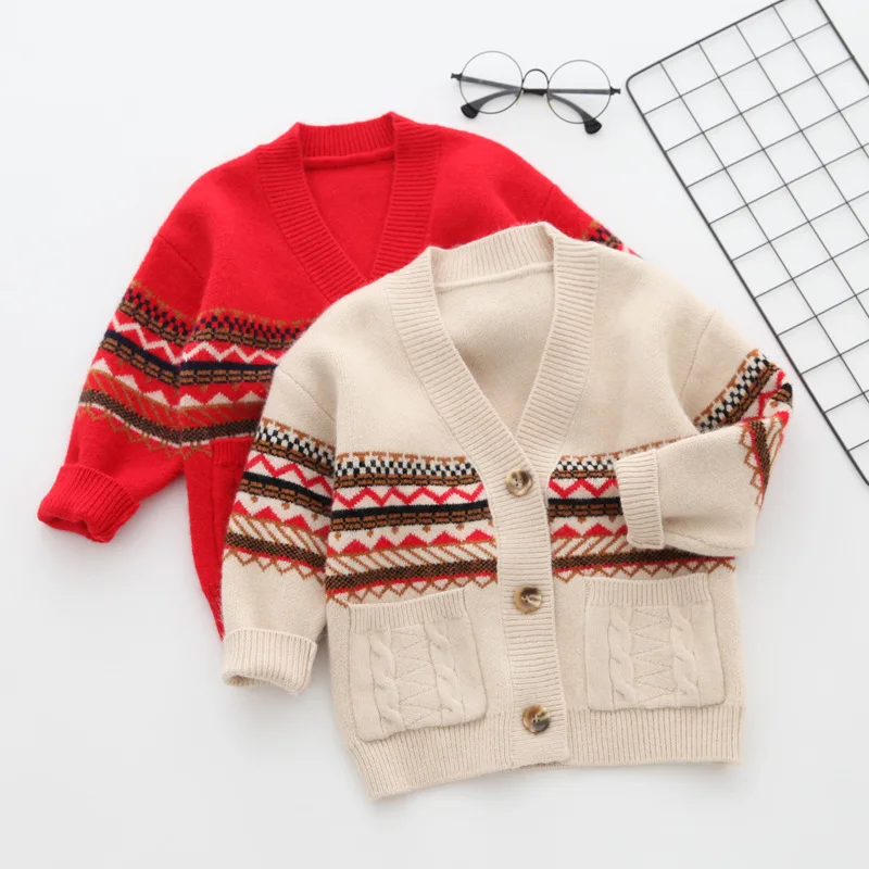 

Christmas Kids Sweaters Fair Isle Girls Cardigan Single Breasted Boys Knitwear Casual Toddler Tops Pocket Children Clothes