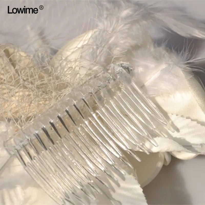 2018 Women Wedding Hats Beige Handmade Flowers Bridal Party Gifts Tulle Feather Tiara Sheer Veil Hair With Comb (1)