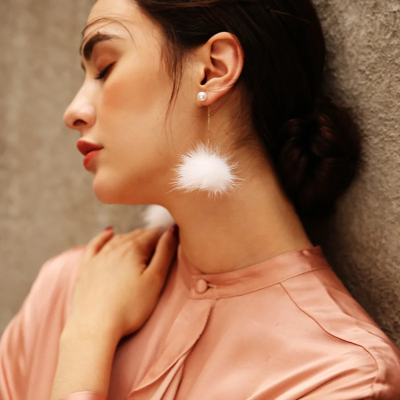 Women Cute Faux Fur Ball Drop Earrings Pearl Stud Long Dangle Earrings