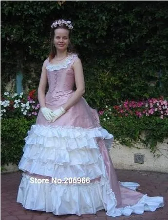 Выполненный на заказ розовое платье без рукавов 1870 s раннего Свадебные суеты шёлковая тафта бальное платье Чай вечерние платье бальное платье