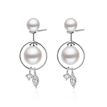 

Simple natural fresh water asymmetric rotation size pearl double-sided hypoallergenic silver needle s inlaid zircon earrings