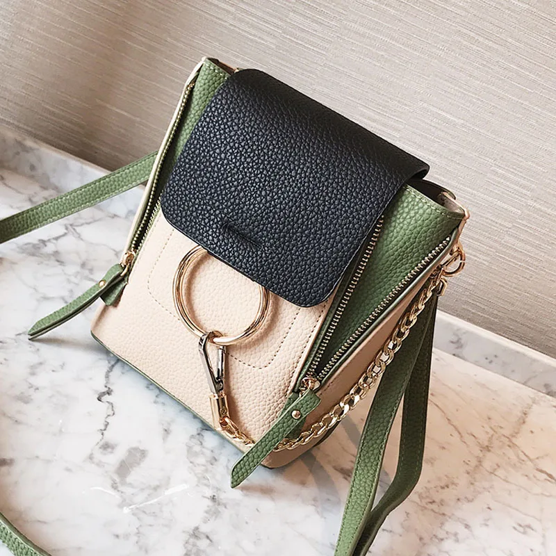 

Contrast Color Backpack Female Luxury Brand Designed Mini Backpack Round Ring Schoolbag PU Leather Women Backpack