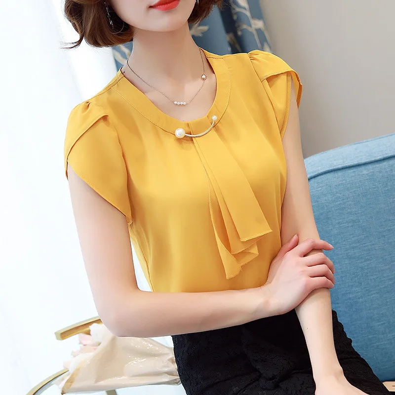 2018 Summer Short Sleeve Chiffon Blouse Elegant Womens Summer Tops and Blouses Solid Office Work