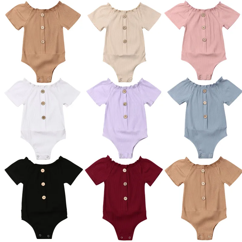 

3M 6M 12M 18M 24M Newborn Baby Girls Off Shoulder Romper Button Solid Playsuit Sunsuit Toddler Baby Clothing