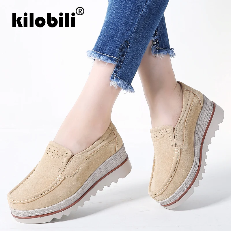 

kilobili 2019 Spring Women Flats Shoes Platform Sneakers Shoes Leather Suede Casual Shoes Slip On Flats Heels Creepers Moccasins