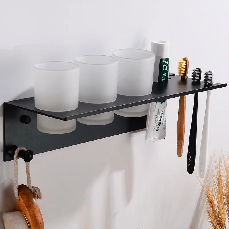 Toothbrush Holder Black Aluminum Bathroom Shelves Decorative Bathroom Accessories Toothbrush Holder Set With 3 Cup Wall Mounted