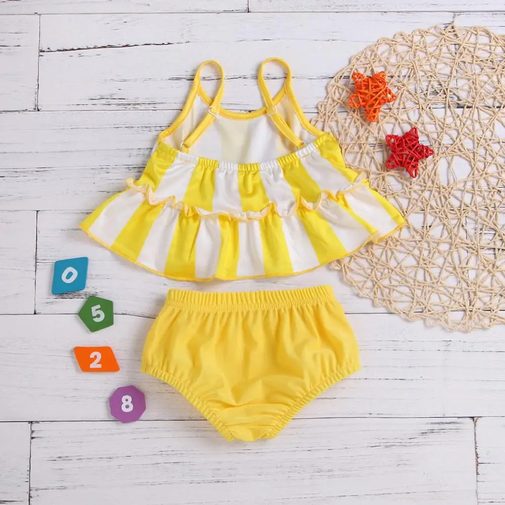 

Children Swimwear For Girls Summer Striped Sling Frilled Top Solid Color Triangle Shorts Split Swimsuit Two Piece Set A1
