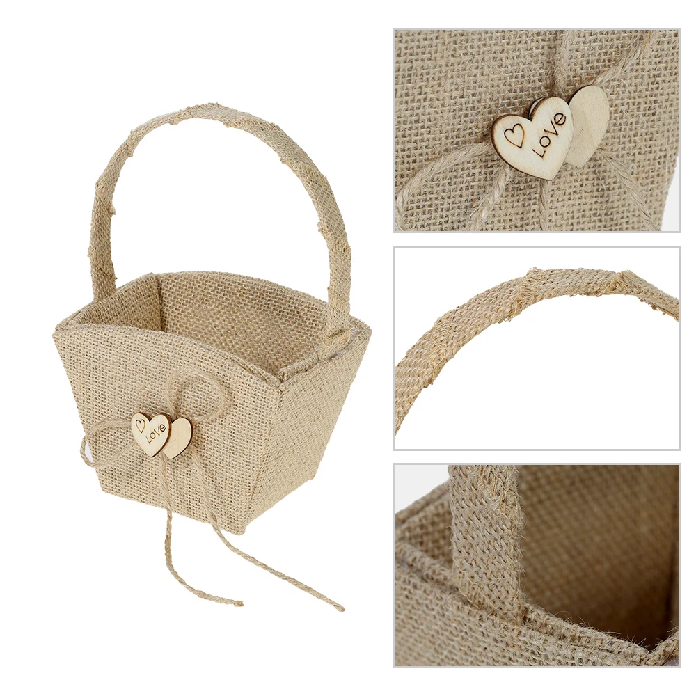 Vintage Rustic Wedding Burlap Flower Girl Basket with Wooden Heart Decoration Wedding Supplies