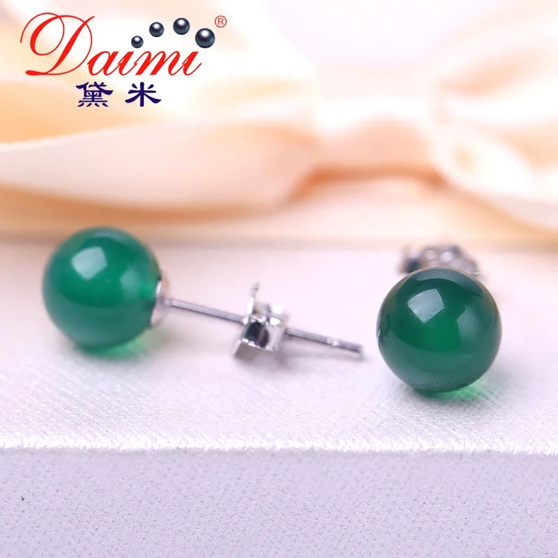 

DAIMI Jade Earrings Green Jade silver Studs Basic Round Ball Earrings
