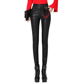 

ACRMRAC Women pants Slim Solid color Autumn And Winter Plus velvet Thicken Skinny PU Pencil pants casual pants Women PU008