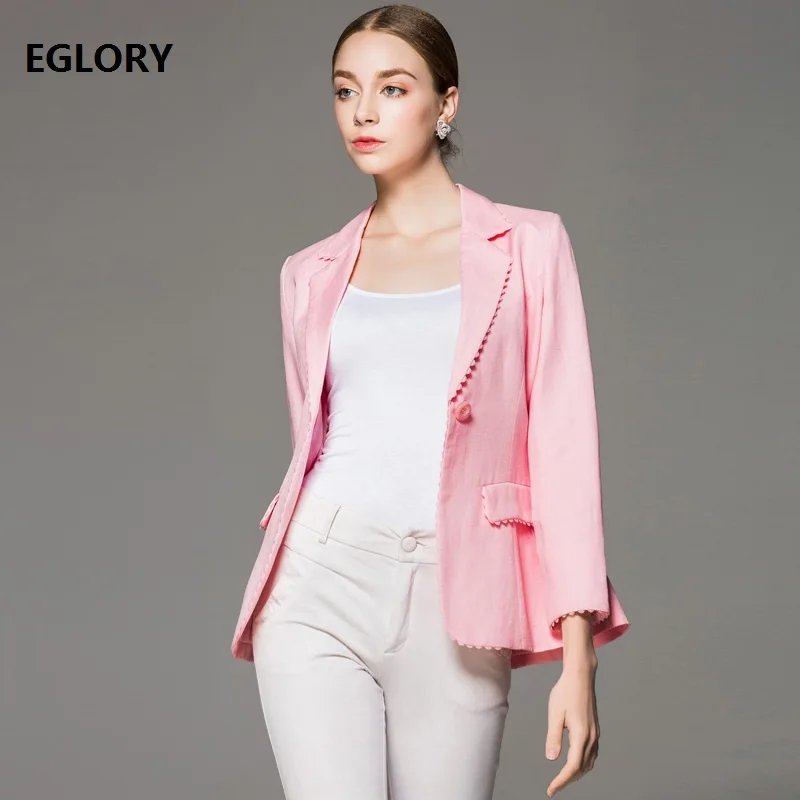 Высокое качество Для женщин пиджаки 2018 осень офисные куртка дамы одной кнопки сладкий розовый, темно-синий Пальто Блейзер Feminino
