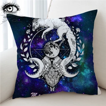 

Wolf Galaxy by Pixie Cold Art Cushion Cover Moon Child Black Pillow Cover White Fox Decorative Pillow Case Planet Home Decor