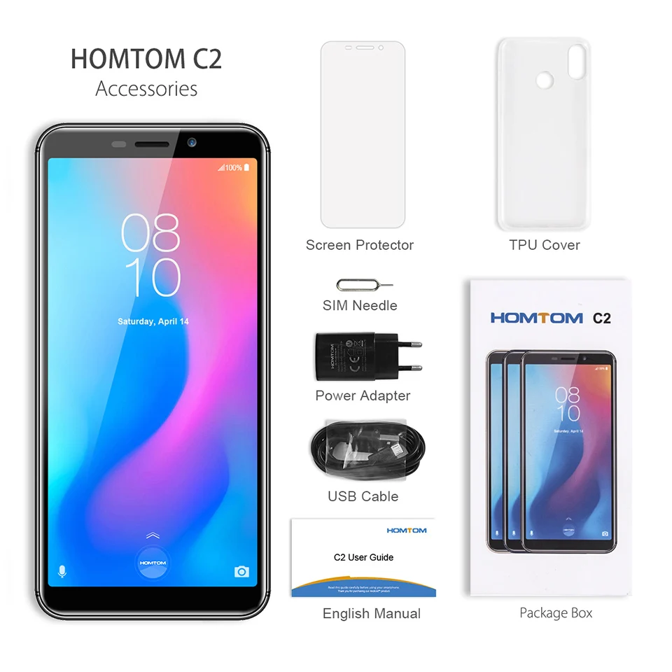 Golbal Version HOMTOM C2 5.5inch 2GB 16GB 3000mAh Face ID 4G-LTE Mobile Cell Phone Android 8.1 13MP Dual Rear Cameras Smartphone