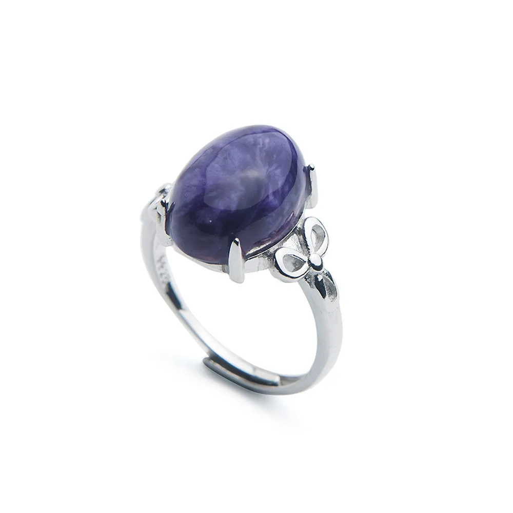 

Natural Purple Charoite Bead Ring For Women Lady Adjustable Healing Crystal 925 Sterling Silver Gems Rings