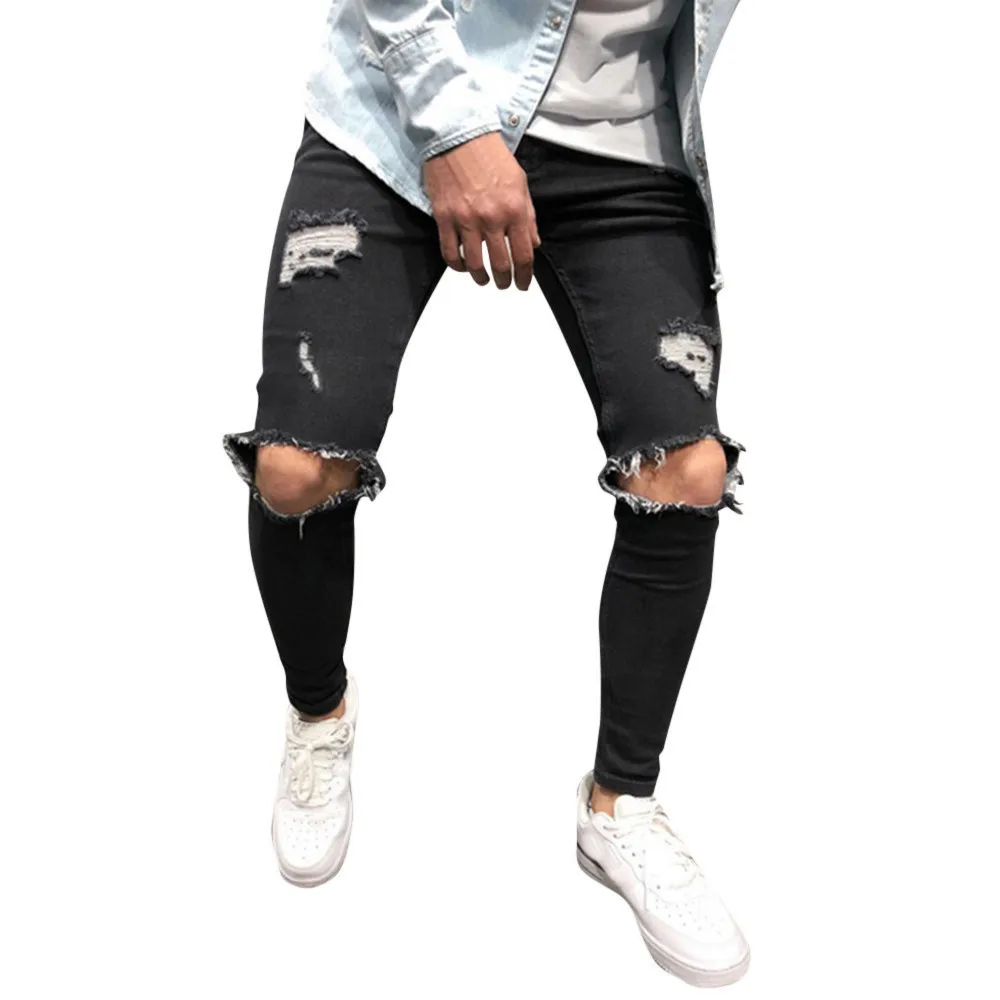 Jogging Trousers For Men Mens Skinny Stretch Denim Pants Distressed Ripped Freyed Slim Fit Jeans Trousers Man Pants Outdoor