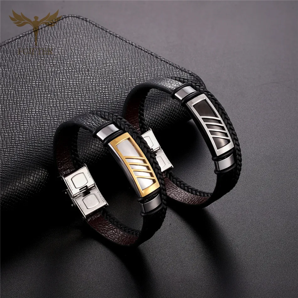 Fashion Charm Bracelet Gold Black Geometric Stainless Steel Accessory Multi Layer Leather Bracelets Bangles for Women Men