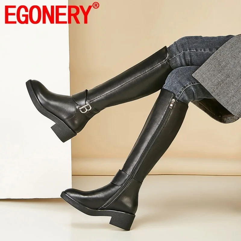 

EGONERY woman shoes winter new concise round toe handmade genuine leather knee high boots outside zip mid heels plus size shoes